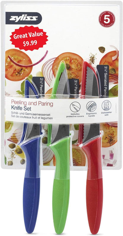 3 Piece Peeling & Paring Knife Set with Covers - Kitchen Knives for Fruits & More - Ideal for Kitchen Collections - Blue, Green, & Red