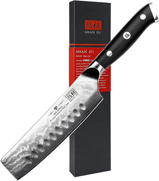 Damascus Nakiri Knife, 7 In Professional Extra Sharp Kitchen Knife | Japanese High Carbon Super Steel Kitchen Knife with Ergonomic G10 Glass Fiber Handle