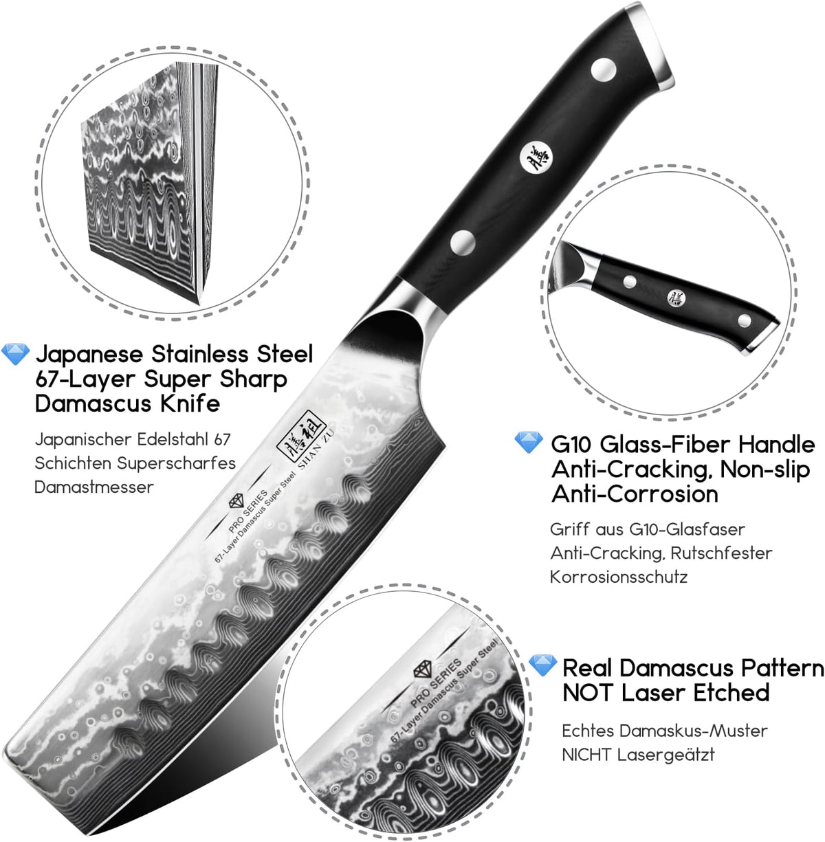 Damascus Nakiri Knife, 7 In Professional Extra Sharp Kitchen Knife | Japanese High Carbon Super Steel Kitchen Knife with Ergonomic G10 Glass Fiber Handle