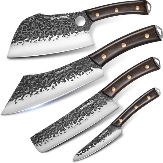 4-Piece Butcher Knife Set with 7” Cleaver, 8” Chef Knife, 8” Nakiri & 5” Utility Knife – Hand Forged Full Tang Kitchen Knives with Sharpening Stone for BBQ, Meat, Veggies & Outdoor Cooking