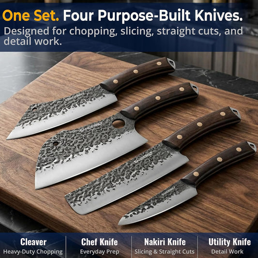 4-Piece Butcher Knife Set with 7” Cleaver, 8” Chef Knife, 8” Nakiri & 5” Utility Knife – Hand Forged Full Tang Kitchen Knives with Sharpening Stone for BBQ, Meat, Veggies & Outdoor Cooking