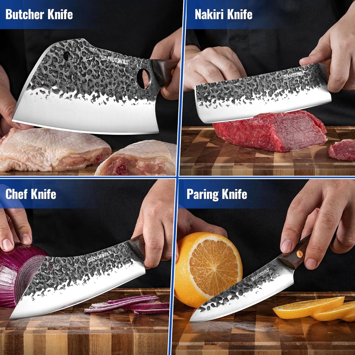 4-Piece Butcher Knife Set with 7” Cleaver, 8” Chef Knife, 8” Nakiri & 5” Utility Knife – Hand Forged Full Tang Kitchen Knives with Sharpening Stone for BBQ, Meat, Veggies & Outdoor Cooking
