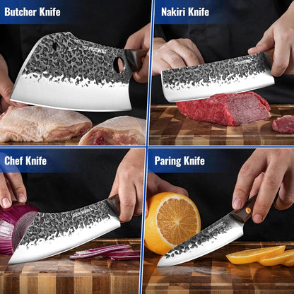 4-Piece Butcher Knife Set with 7” Cleaver, 8” Chef Knife, 8” Nakiri & 5” Utility Knife – Hand Forged Full Tang Kitchen Knives with Sharpening Stone for BBQ, Meat, Veggies & Outdoor Cooking