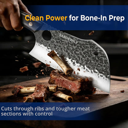 4-Piece Butcher Knife Set with 7” Cleaver, 8” Chef Knife, 8” Nakiri & 5” Utility Knife – Hand Forged Full Tang Kitchen Knives with Sharpening Stone for BBQ, Meat, Veggies & Outdoor Cooking
