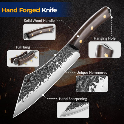 4-Piece Butcher Knife Set with 7” Cleaver, 8” Chef Knife, 8” Nakiri & 5” Utility Knife – Hand Forged Full Tang Kitchen Knives with Sharpening Stone for BBQ, Meat, Veggies & Outdoor Cooking