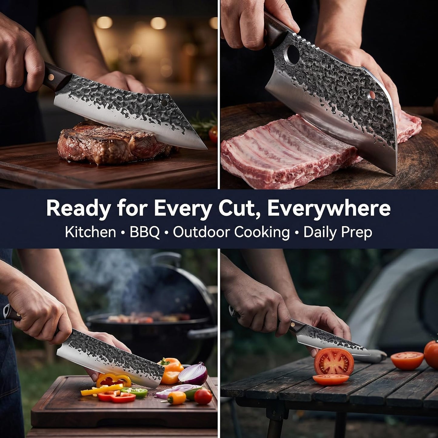 4-Piece Butcher Knife Set with 7” Cleaver, 8” Chef Knife, 8” Nakiri & 5” Utility Knife – Hand Forged Full Tang Kitchen Knives with Sharpening Stone for BBQ, Meat, Veggies & Outdoor Cooking