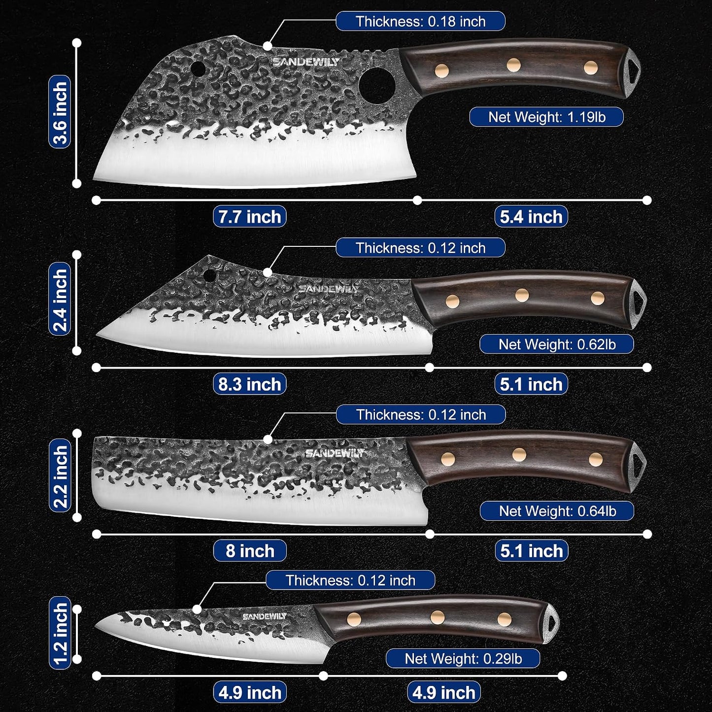 4-Piece Butcher Knife Set with 7” Cleaver, 8” Chef Knife, 8” Nakiri & 5” Utility Knife – Hand Forged Full Tang Kitchen Knives with Sharpening Stone for BBQ, Meat, Veggies & Outdoor Cooking