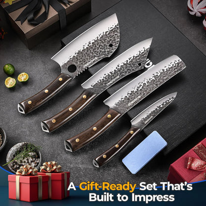 4-Piece Butcher Knife Set with 7” Cleaver, 8” Chef Knife, 8” Nakiri & 5” Utility Knife – Hand Forged Full Tang Kitchen Knives with Sharpening Stone for BBQ, Meat, Veggies & Outdoor Cooking