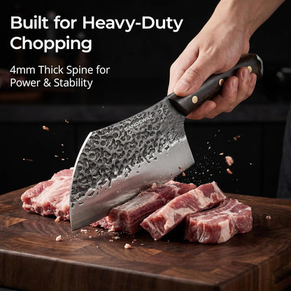 4-Piece Butcher Knife Set with 7” Cleaver, 8” Chef Knife, 8” Nakiri & 5” Utility Knife – Hand Forged Full Tang Kitchen Knives with Sharpening Stone for BBQ, Meat, Veggies & Outdoor Cooking