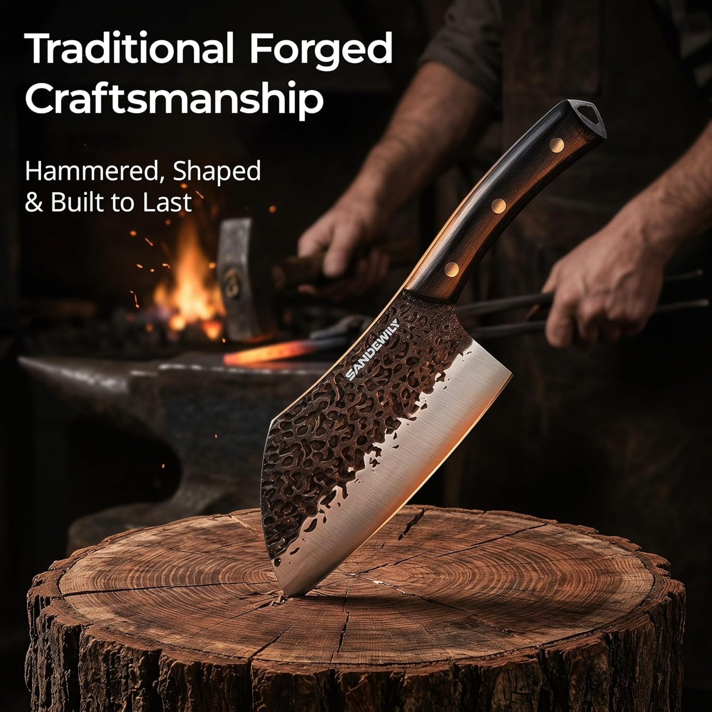 4-Piece Butcher Knife Set with 7” Cleaver, 8” Chef Knife, 8” Nakiri & 5” Utility Knife – Hand Forged Full Tang Kitchen Knives with Sharpening Stone for BBQ, Meat, Veggies & Outdoor Cooking