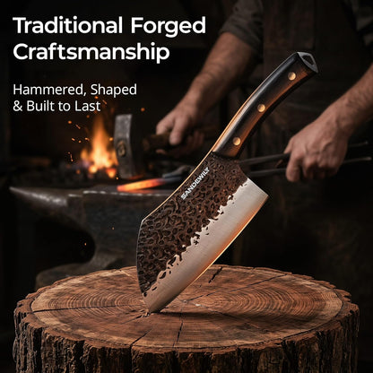 4-Piece Butcher Knife Set with 7” Cleaver, 8” Chef Knife, 8” Nakiri & 5” Utility Knife – Hand Forged Full Tang Kitchen Knives with Sharpening Stone for BBQ, Meat, Veggies & Outdoor Cooking