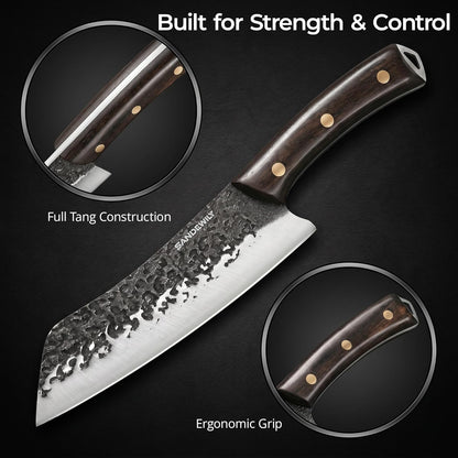 4-Piece Butcher Knife Set with 7” Cleaver, 8” Chef Knife, 8” Nakiri & 5” Utility Knife – Hand Forged Full Tang Kitchen Knives with Sharpening Stone for BBQ, Meat, Veggies & Outdoor Cooking