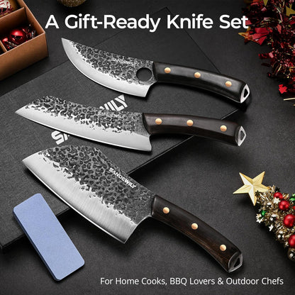 4-Piece Butcher Knife Set with 7” Cleaver, 8” Chef Knife, 8” Nakiri & 5” Utility Knife – Hand Forged Full Tang Kitchen Knives with Sharpening Stone for BBQ, Meat, Veggies & Outdoor Cooking