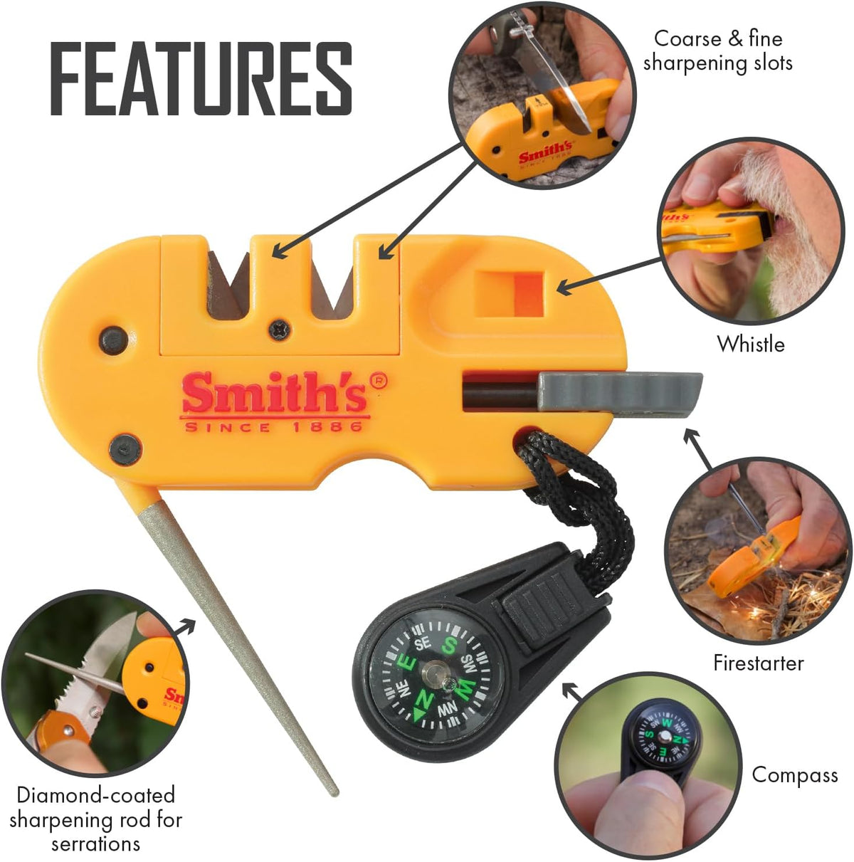 Smith’s 50364 Pocket Pal X2 Sharpener & Outdoors Tool – Yellow – Coarse and Fine – LED Light – Fire Starter – Signal Whistle - Compass