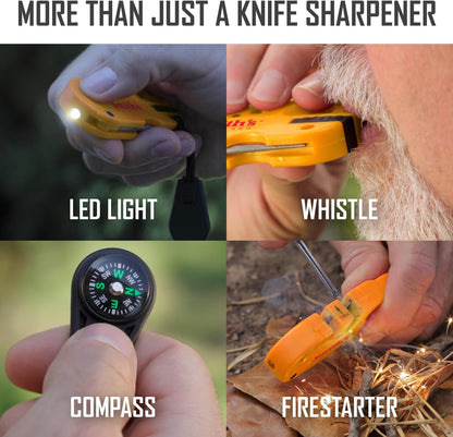 Smith’s 50364 Pocket Pal X2 Sharpener & Outdoors Tool – Yellow – Coarse and Fine – LED Light – Fire Starter – Signal Whistle - Compass