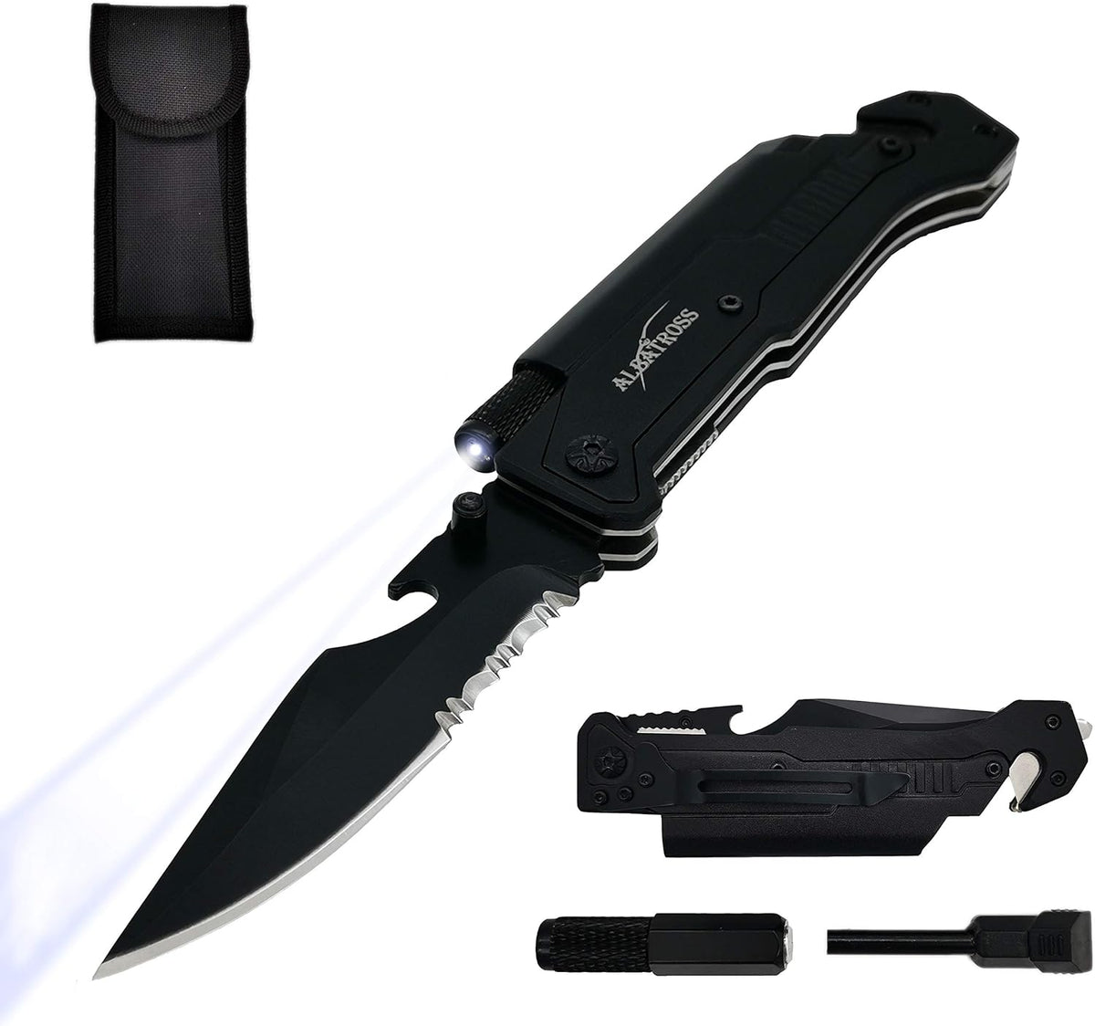6-in-1 Survival Tactical Military Folding Pocket Knife, Black | Knives with LED Light, Seatbelt Cutter, Glass Breaker, Magnesium Fire Starter, Bottle Opener, Multi-Function Emergency Tool