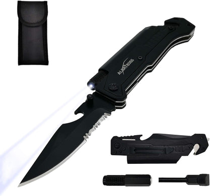 6-in-1 Survival Tactical Military Folding Pocket Knife, Black | Knives with LED Light, Seatbelt Cutter, Glass Breaker, Magnesium Fire Starter, Bottle Opener, Multi-Function Emergency Tool