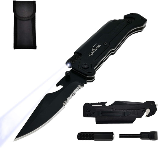 6-in-1 Survival Tactical Military Folding Pocket Knife, Black | Knives with LED Light, Seatbelt Cutter, Glass Breaker, Magnesium Fire Starter, Bottle Opener, Multi-Function Emergency Tool