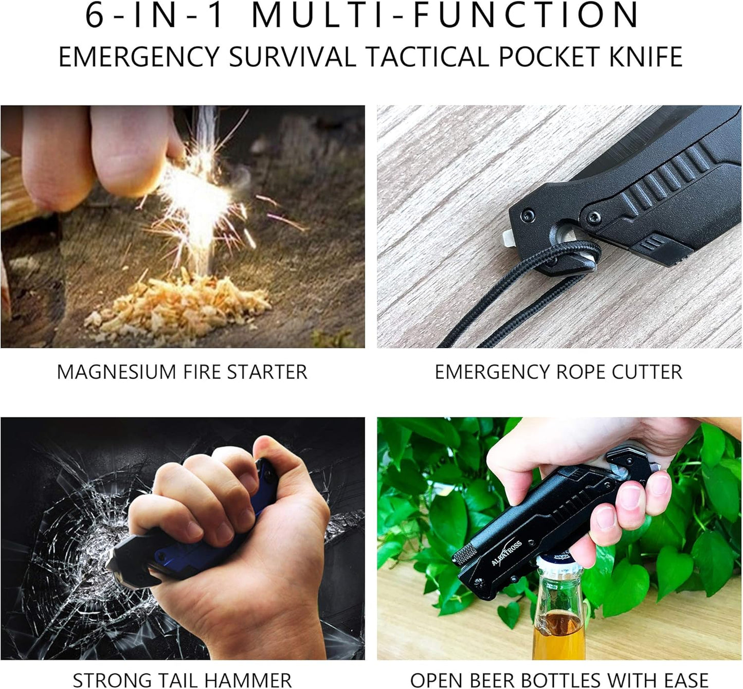 6-in-1 Survival Tactical Military Folding Pocket Knife, Black | Knives with LED Light, Seatbelt Cutter, Glass Breaker, Magnesium Fire Starter, Bottle Opener, Multi-Function Emergency Tool