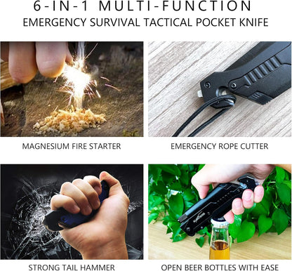 6-in-1 Survival Tactical Military Folding Pocket Knife, Black | Knives with LED Light, Seatbelt Cutter, Glass Breaker, Magnesium Fire Starter, Bottle Opener, Multi-Function Emergency Tool