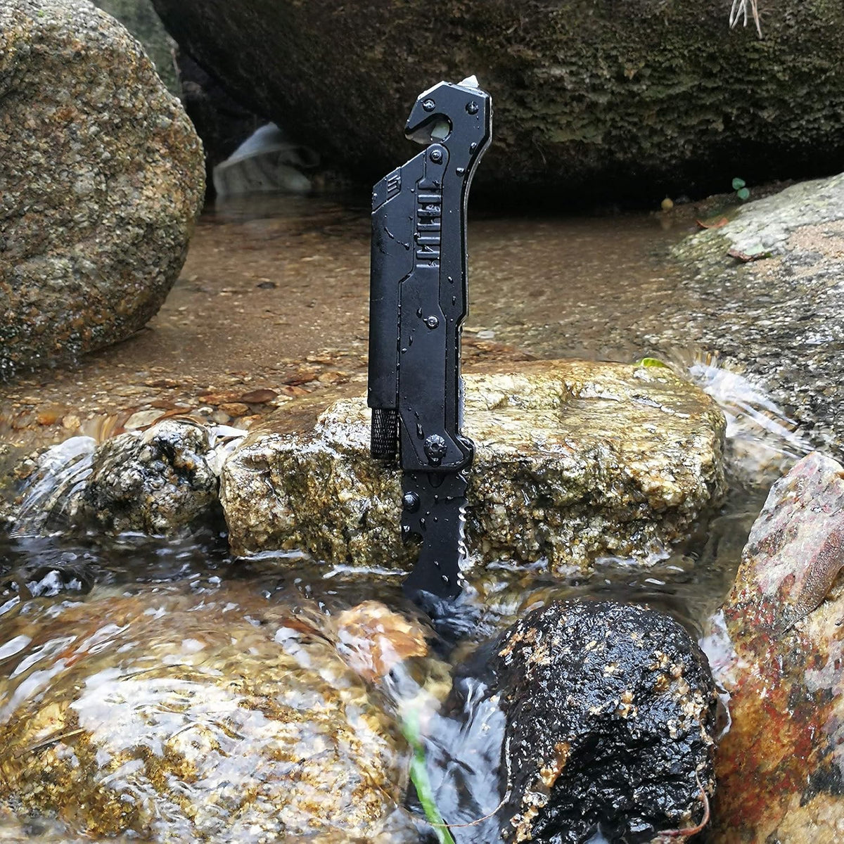 6-in-1 Survival Tactical Military Folding Pocket Knife, Black | Knives with LED Light, Seatbelt Cutter, Glass Breaker, Magnesium Fire Starter, Bottle Opener, Multi-Function Emergency Tool