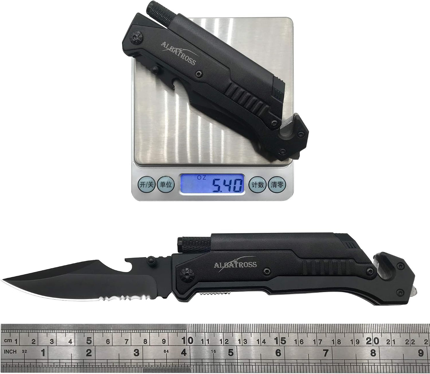 6-in-1 Survival Tactical Military Folding Pocket Knife, Black | Knives with LED Light, Seatbelt Cutter, Glass Breaker, Magnesium Fire Starter, Bottle Opener, Multi-Function Emergency Tool