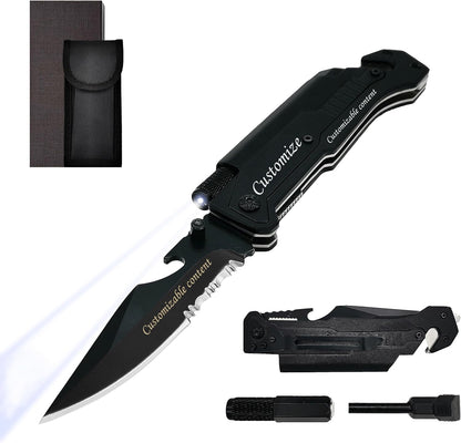 6-in-1 Survival Tactical Military Folding Pocket Knife, Black | Knives with LED Light, Seatbelt Cutter, Glass Breaker, Magnesium Fire Starter, Bottle Opener, Multi-Function Emergency Tool