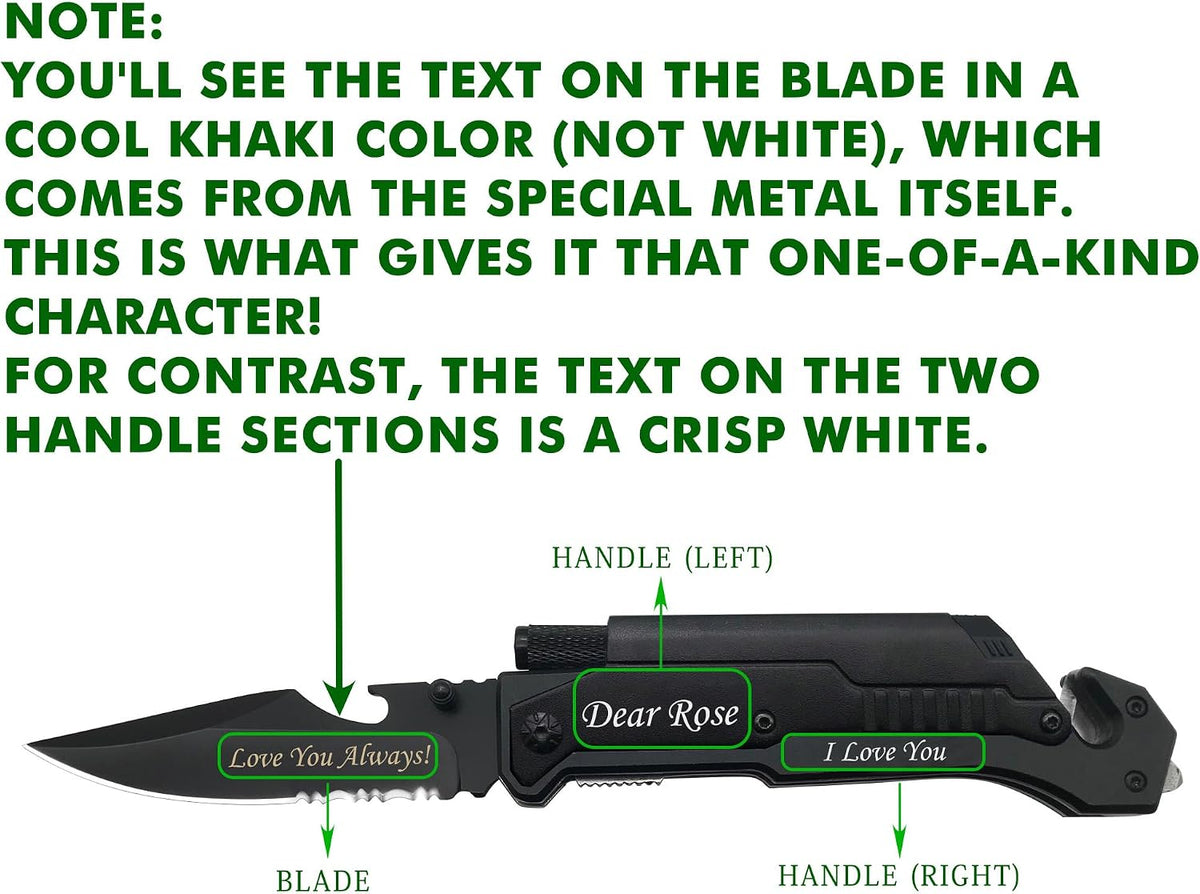 6-in-1 Survival Tactical Military Folding Pocket Knife, Black | Knives with LED Light, Seatbelt Cutter, Glass Breaker, Magnesium Fire Starter, Bottle Opener, Multi-Function Emergency Tool