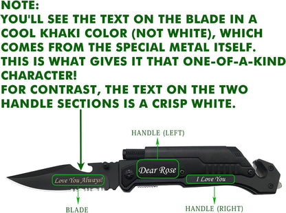 6-in-1 Survival Tactical Military Folding Pocket Knife, Black | Knives with LED Light, Seatbelt Cutter, Glass Breaker, Magnesium Fire Starter, Bottle Opener, Multi-Function Emergency Tool