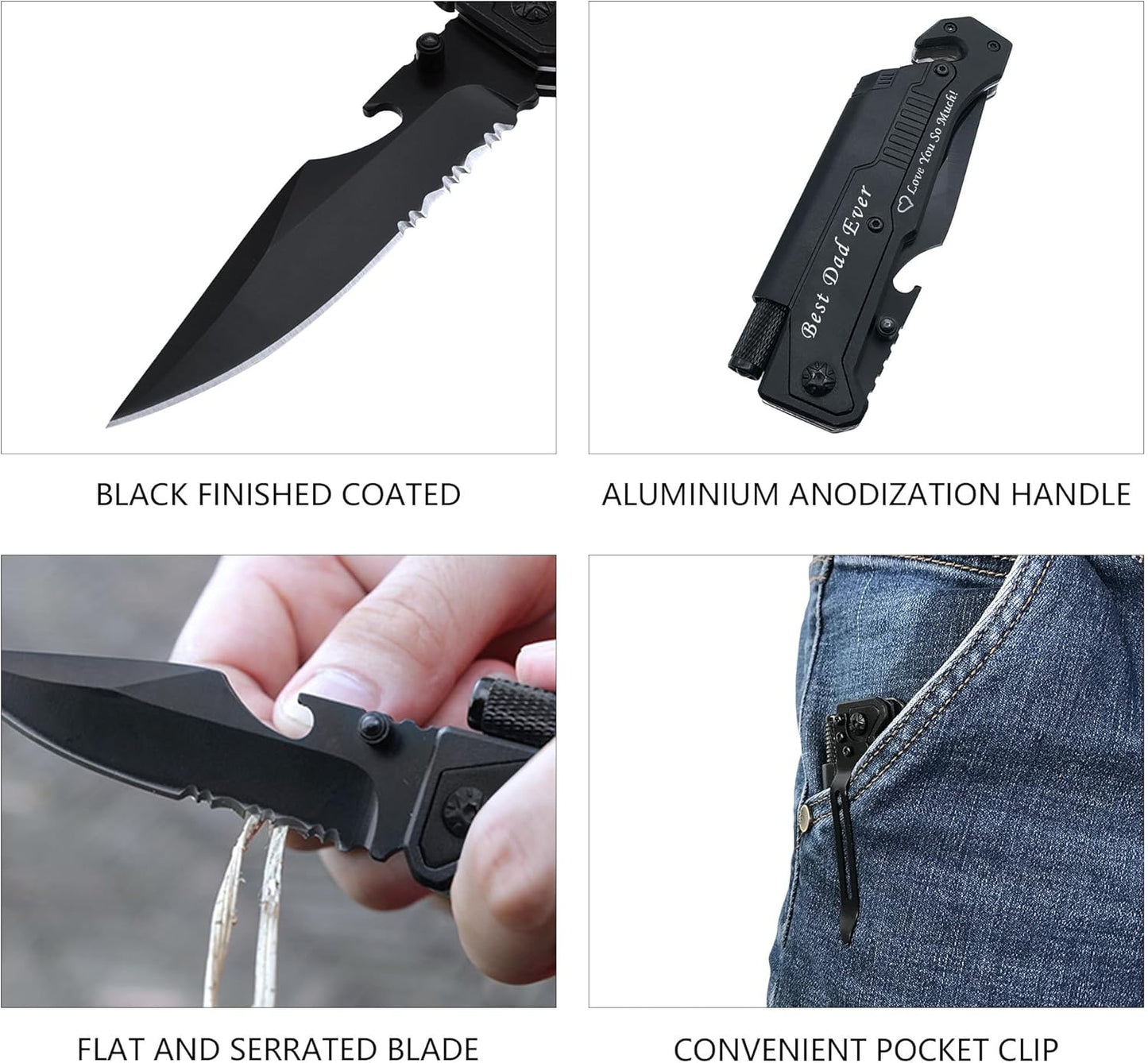 6-in-1 Survival Tactical Military Folding Pocket Knife, Black | Knives with LED Light, Seatbelt Cutter, Glass Breaker, Magnesium Fire Starter, Bottle Opener, Multi-Function Emergency Tool