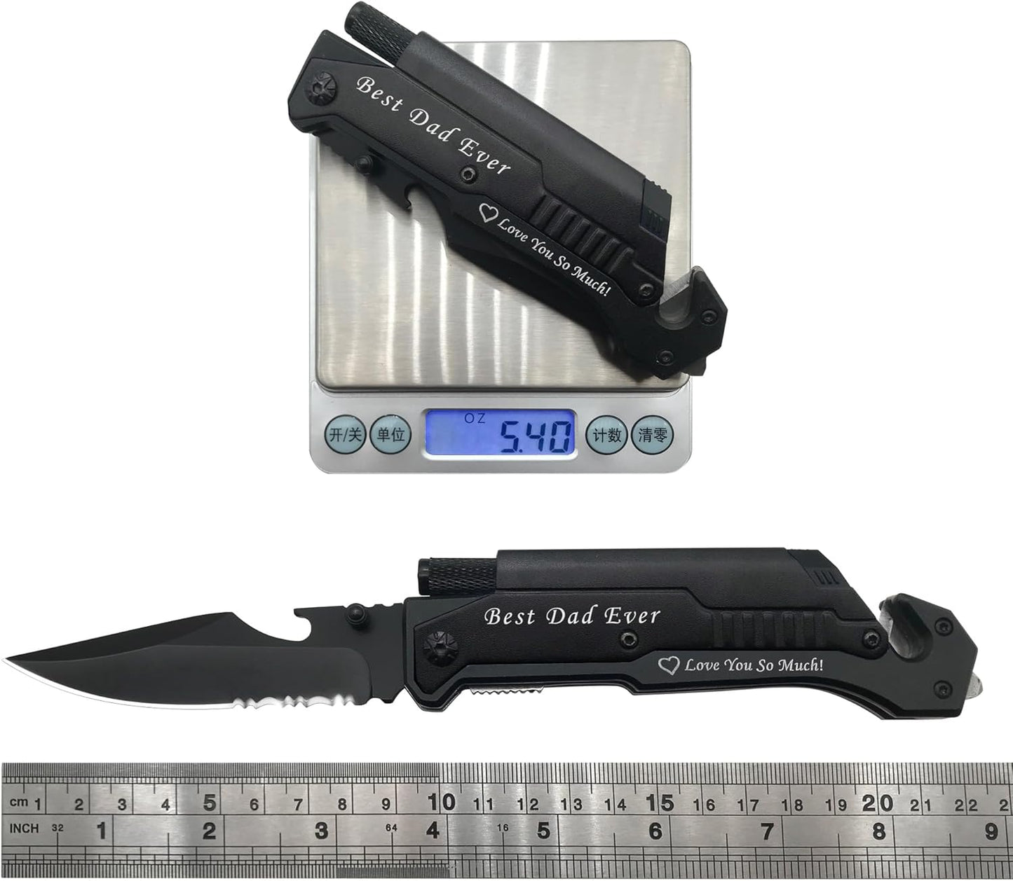 6-in-1 Survival Tactical Military Folding Pocket Knife, Black | Knives with LED Light, Seatbelt Cutter, Glass Breaker, Magnesium Fire Starter, Bottle Opener, Multi-Function Emergency Tool
