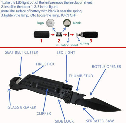 6-in-1 Survival Tactical Military Folding Pocket Knife, Black | Knives with LED Light, Seatbelt Cutter, Glass Breaker, Magnesium Fire Starter, Bottle Opener, Multi-Function Emergency Tool