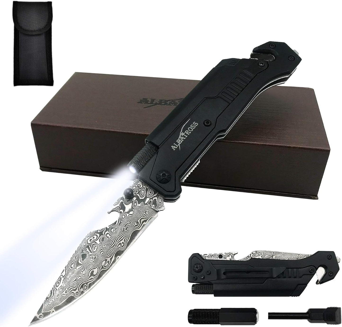 6-in-1 Survival Tactical Military Folding Pocket Knife, Black | Knives with LED Light, Seatbelt Cutter, Glass Breaker, Magnesium Fire Starter, Bottle Opener, Multi-Function Emergency Tool