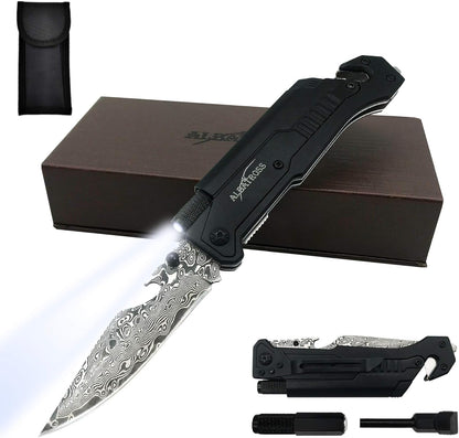 6-in-1 Survival Tactical Military Folding Pocket Knife, Black | Knives with LED Light, Seatbelt Cutter, Glass Breaker, Magnesium Fire Starter, Bottle Opener, Multi-Function Emergency Tool