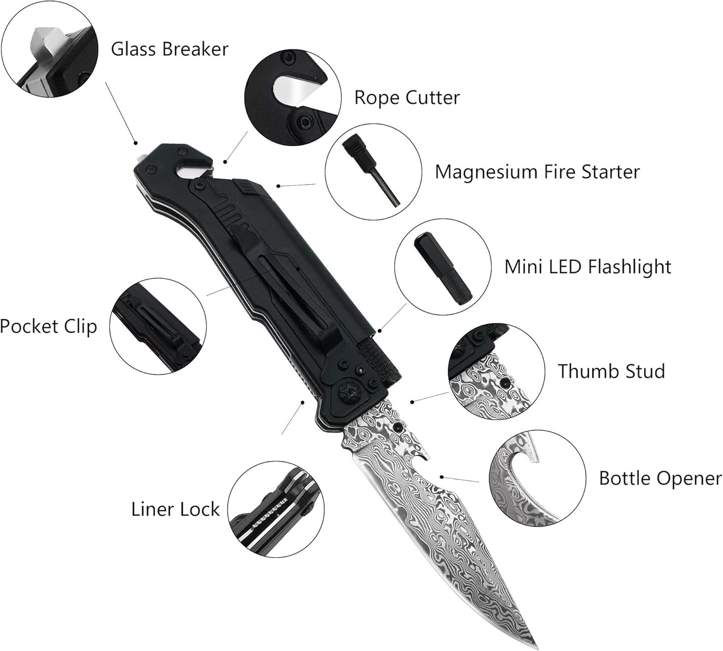 6-in-1 Survival Tactical Military Folding Pocket Knife, Black | Knives with LED Light, Seatbelt Cutter, Glass Breaker, Magnesium Fire Starter, Bottle Opener, Multi-Function Emergency Tool