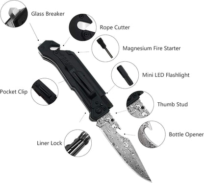 6-in-1 Survival Tactical Military Folding Pocket Knife, Black | Knives with LED Light, Seatbelt Cutter, Glass Breaker, Magnesium Fire Starter, Bottle Opener, Multi-Function Emergency Tool