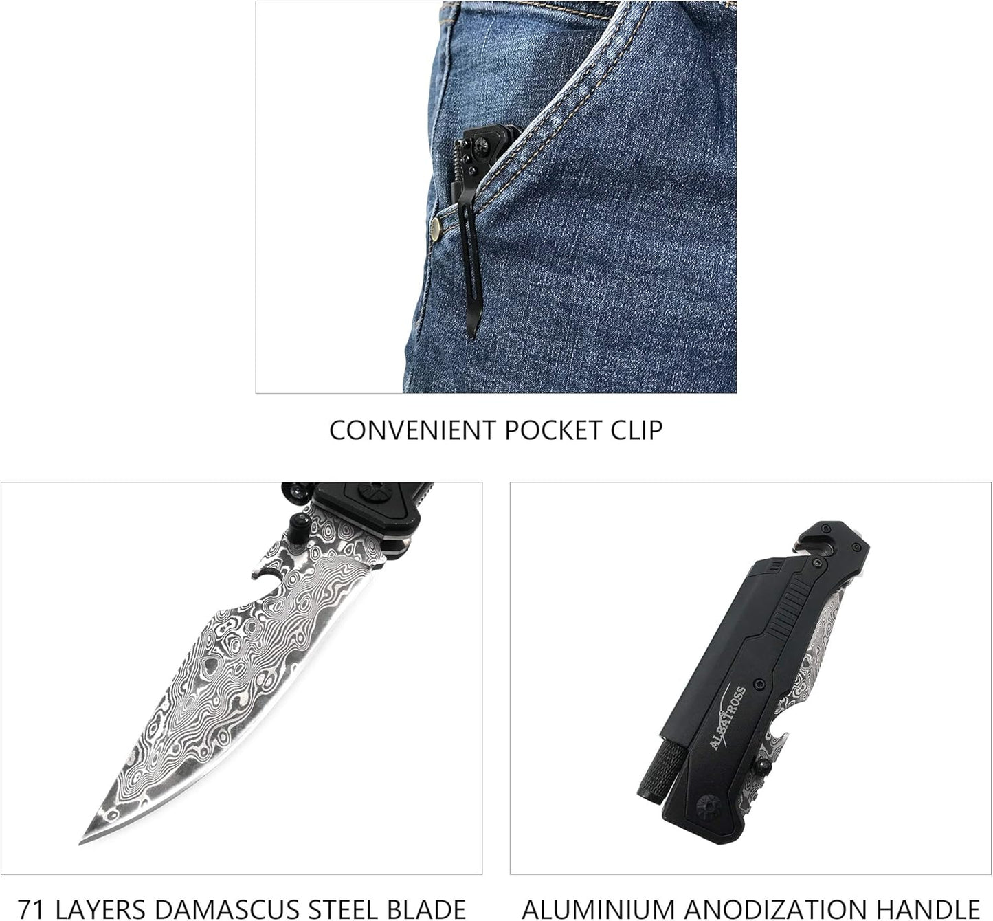 6-in-1 Survival Tactical Military Folding Pocket Knife, Black | Knives with LED Light, Seatbelt Cutter, Glass Breaker, Magnesium Fire Starter, Bottle Opener, Multi-Function Emergency Tool