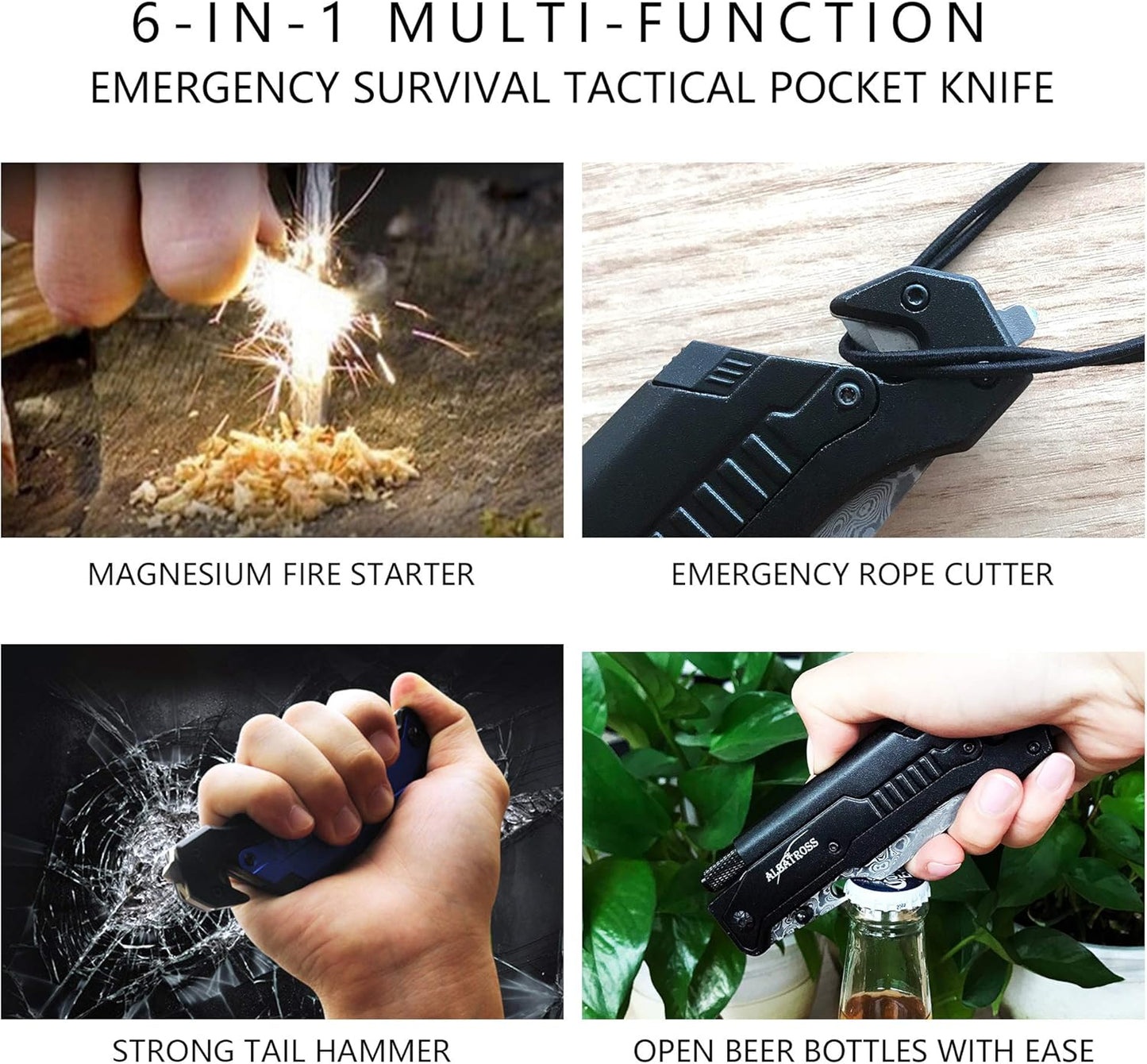 6-in-1 Survival Tactical Military Folding Pocket Knife, Black | Knives with LED Light, Seatbelt Cutter, Glass Breaker, Magnesium Fire Starter, Bottle Opener, Multi-Function Emergency Tool