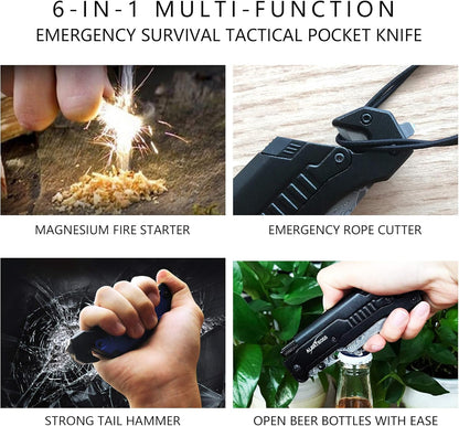6-in-1 Survival Tactical Military Folding Pocket Knife, Black | Knives with LED Light, Seatbelt Cutter, Glass Breaker, Magnesium Fire Starter, Bottle Opener, Multi-Function Emergency Tool