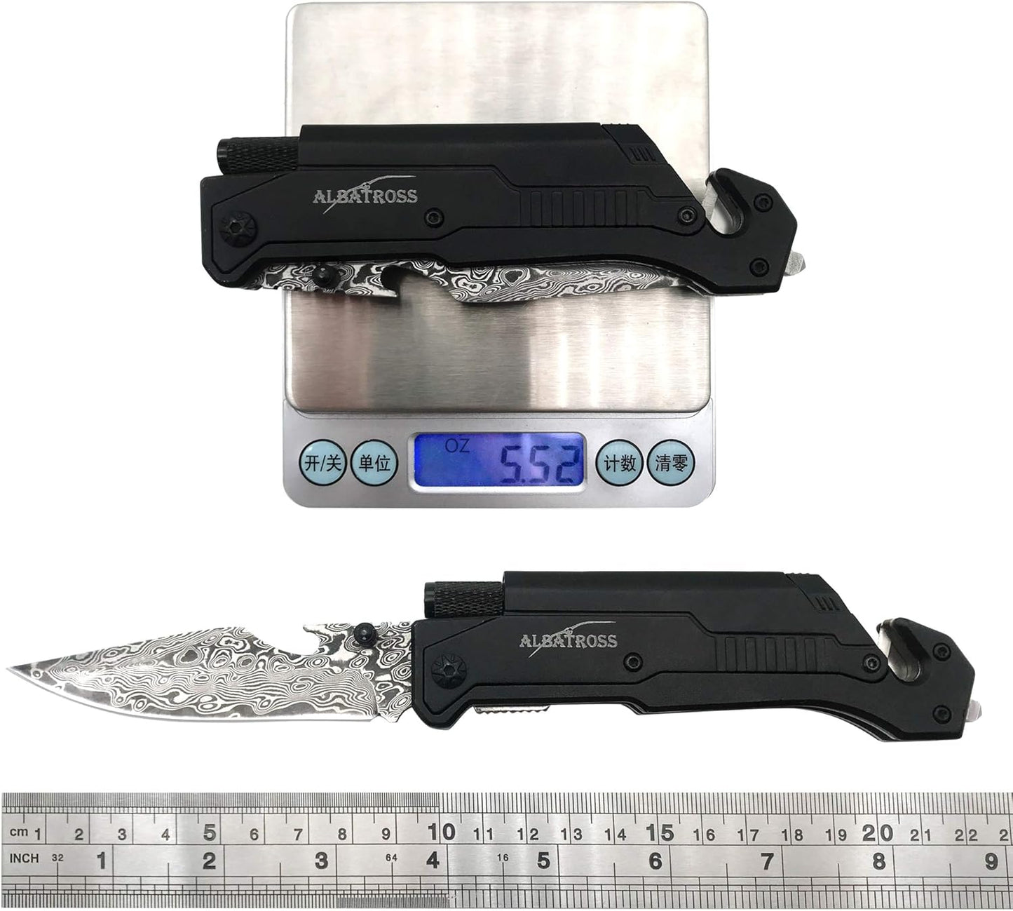 6-in-1 Survival Tactical Military Folding Pocket Knife, Black | Knives with LED Light, Seatbelt Cutter, Glass Breaker, Magnesium Fire Starter, Bottle Opener, Multi-Function Emergency Tool