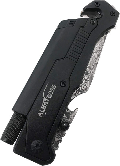 6-in-1 Survival Tactical Military Folding Pocket Knife, Black | Knives with LED Light, Seatbelt Cutter, Glass Breaker, Magnesium Fire Starter, Bottle Opener, Multi-Function Emergency Tool