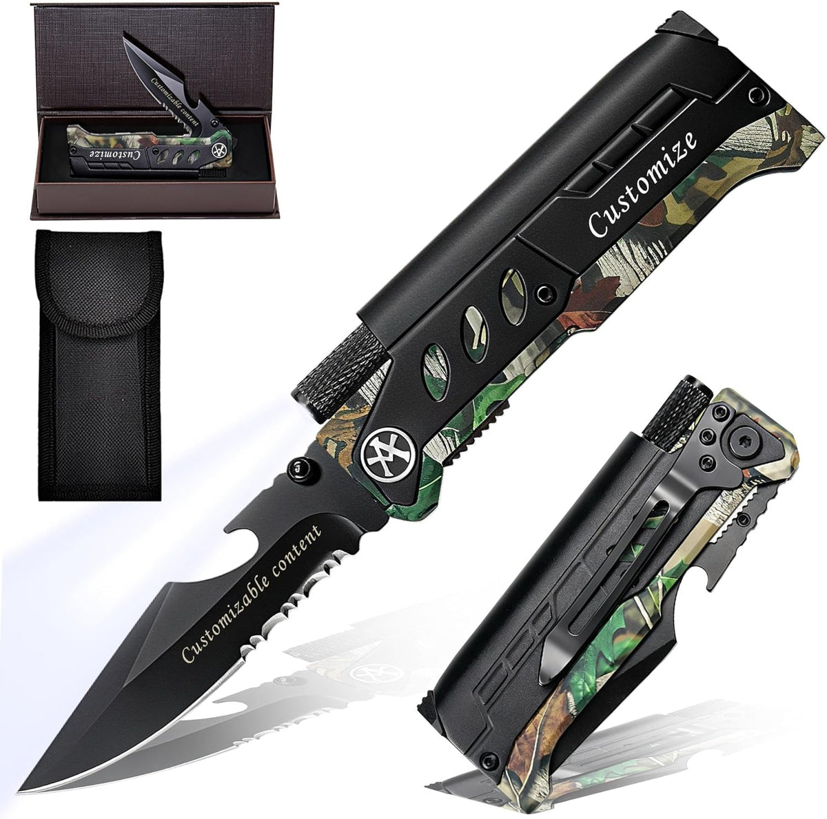6-in-1 Survival Tactical Military Folding Pocket Knife, Black | Knives with LED Light, Seatbelt Cutter, Glass Breaker, Magnesium Fire Starter, Bottle Opener, Multi-Function Emergency Tool