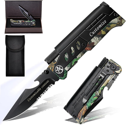 6-in-1 Survival Tactical Military Folding Pocket Knife, Black | Knives with LED Light, Seatbelt Cutter, Glass Breaker, Magnesium Fire Starter, Bottle Opener, Multi-Function Emergency Tool