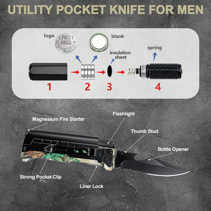 6-in-1 Survival Tactical Military Folding Pocket Knife, Black | Knives with LED Light, Seatbelt Cutter, Glass Breaker, Magnesium Fire Starter, Bottle Opener, Multi-Function Emergency Tool