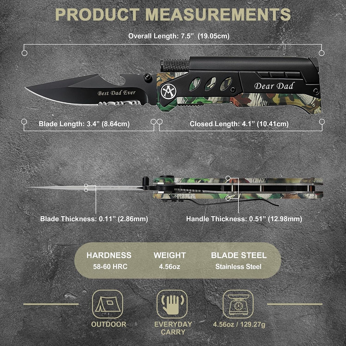 6-in-1 Survival Tactical Military Folding Pocket Knife, Black | Knives with LED Light, Seatbelt Cutter, Glass Breaker, Magnesium Fire Starter, Bottle Opener, Multi-Function Emergency Tool