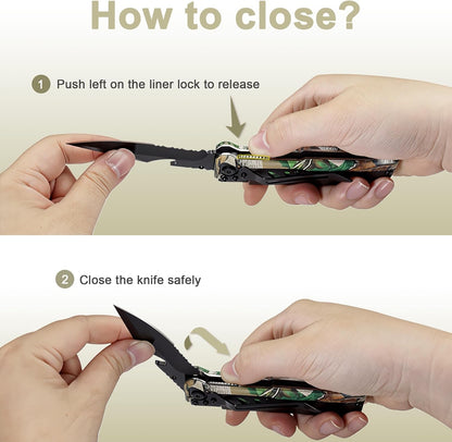 6-in-1 Survival Tactical Military Folding Pocket Knife, Black | Knives with LED Light, Seatbelt Cutter, Glass Breaker, Magnesium Fire Starter, Bottle Opener, Multi-Function Emergency Tool