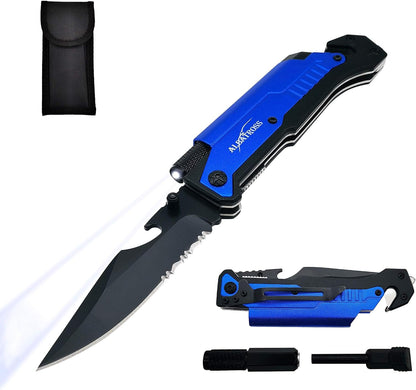 6-in-1 Survival Tactical Military Folding Pocket Knife, Black | Knives with LED Light, Seatbelt Cutter, Glass Breaker, Magnesium Fire Starter, Bottle Opener, Multi-Function Emergency Tool