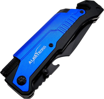 6-in-1 Survival Tactical Military Folding Pocket Knife, Black | Knives with LED Light, Seatbelt Cutter, Glass Breaker, Magnesium Fire Starter, Bottle Opener, Multi-Function Emergency Tool