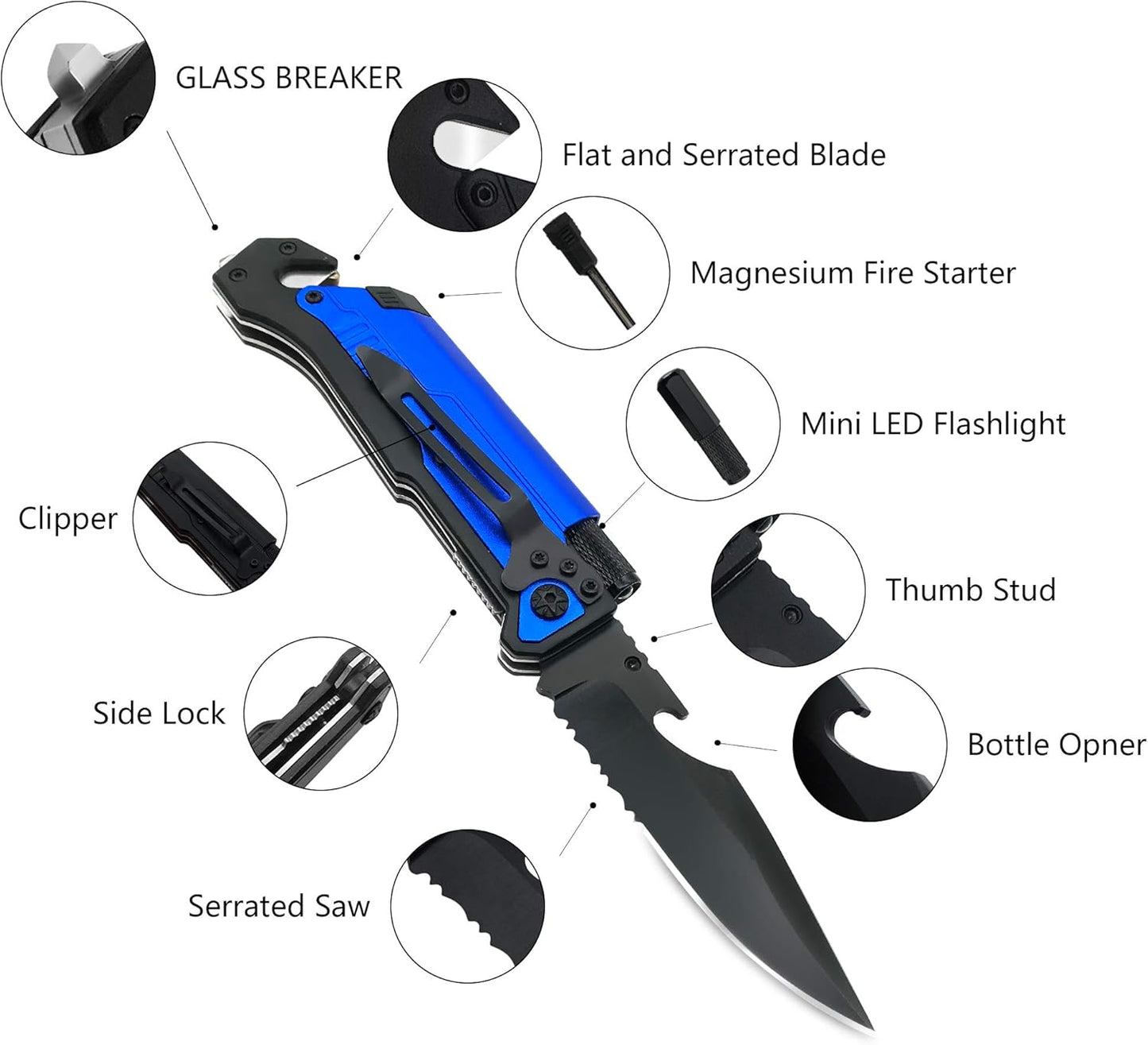 6-in-1 Survival Tactical Military Folding Pocket Knife, Black | Knives with LED Light, Seatbelt Cutter, Glass Breaker, Magnesium Fire Starter, Bottle Opener, Multi-Function Emergency Tool