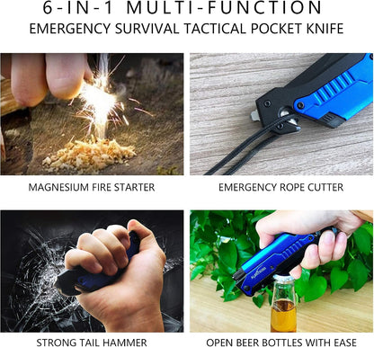 6-in-1 Survival Tactical Military Folding Pocket Knife, Black | Knives with LED Light, Seatbelt Cutter, Glass Breaker, Magnesium Fire Starter, Bottle Opener, Multi-Function Emergency Tool